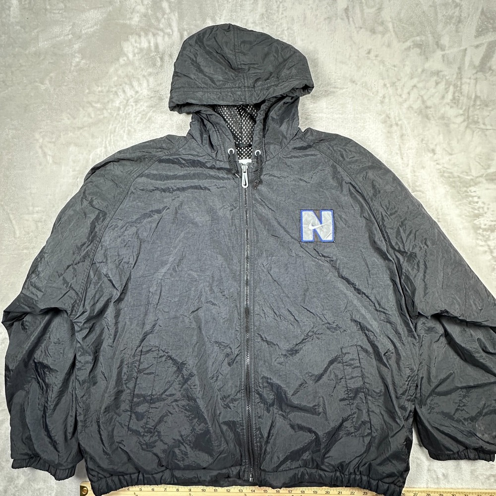 Nike Windbreaker Jacket Mens XL Black Hooded Mesh Lined Big Swoosh Logo Full Zip
